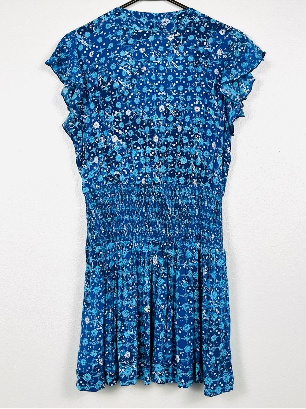 Poupette St Barth Medium Blue Floral Smocked Flutter Sleeve Tasseled Mini Dress - Picture 5 of 7